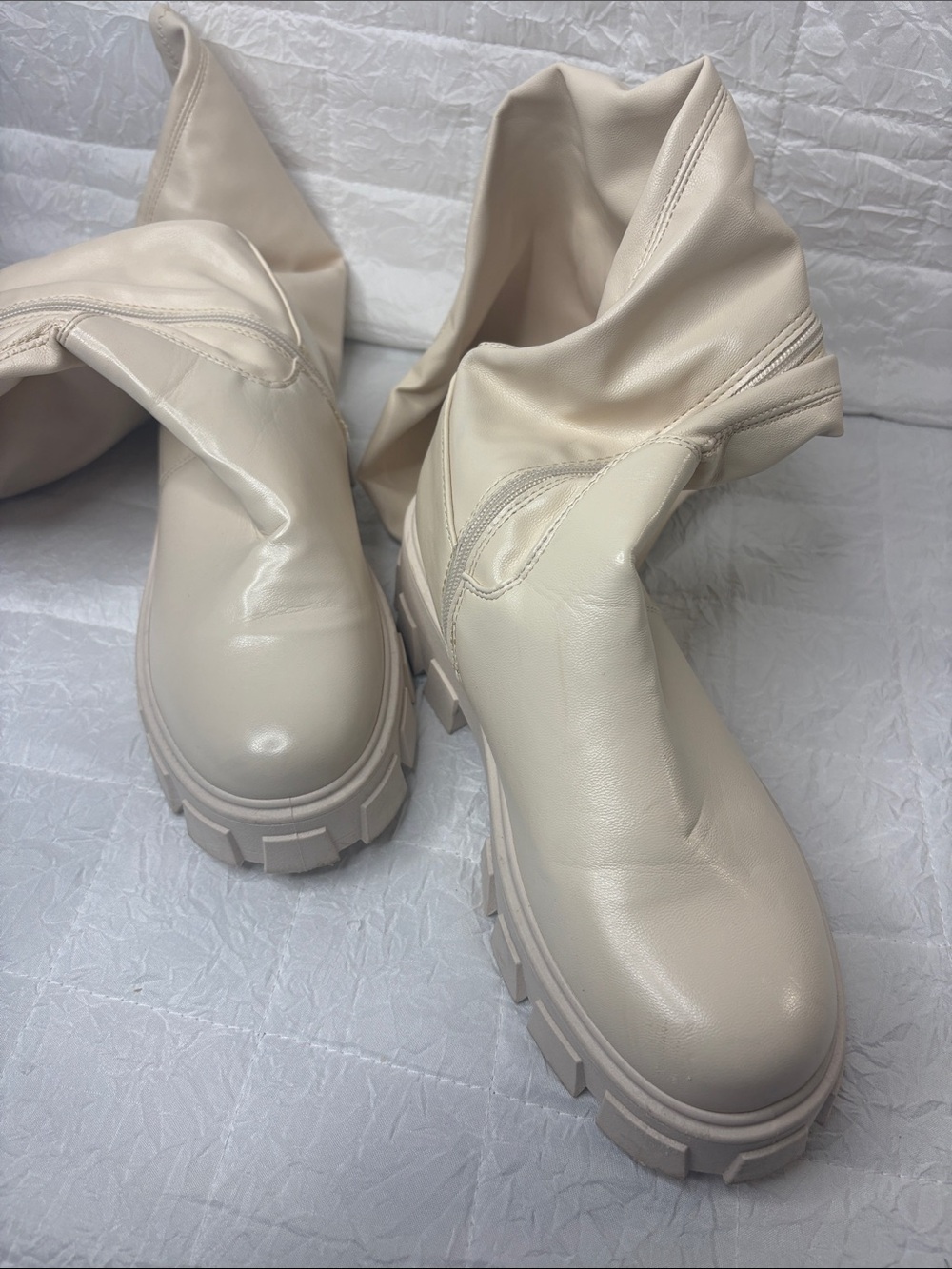 Women’s Cream Slouch Over The Knee Lug Sole Boots Chunky Platform Zip Tall Boots